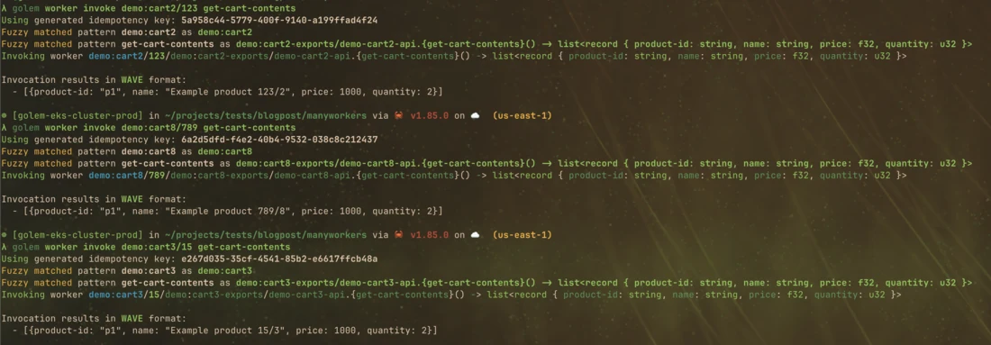 Invoking get-cart-contents on several durable shopping cart workers in sequence