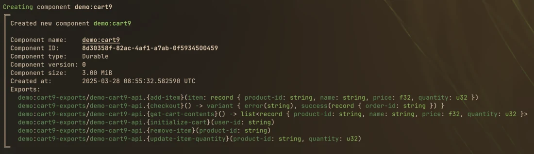 Golem CLI creating the demo:cart9 durable component and listing its exported shopping cart API