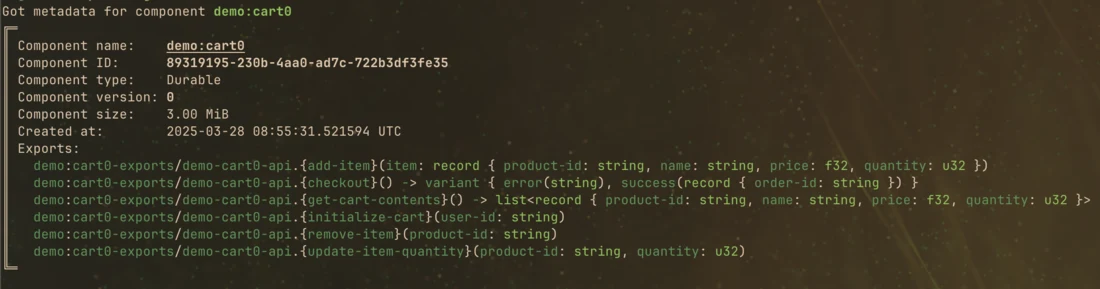 Component metadata of demo:cart0 with its WASM exports