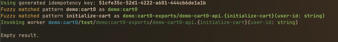 Invoking initialize-cart on the demo:cart0 worker through the Golem CLI
