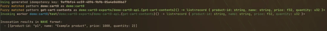 Invoking get-cart-contents on the demo:cart0 worker, returning the stored cart