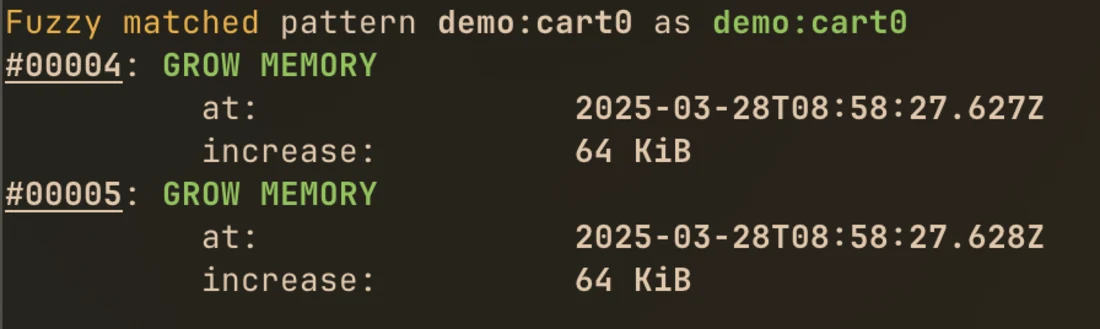 Invocation log of the demo:cart0 worker showing repeated durable grow memory operations