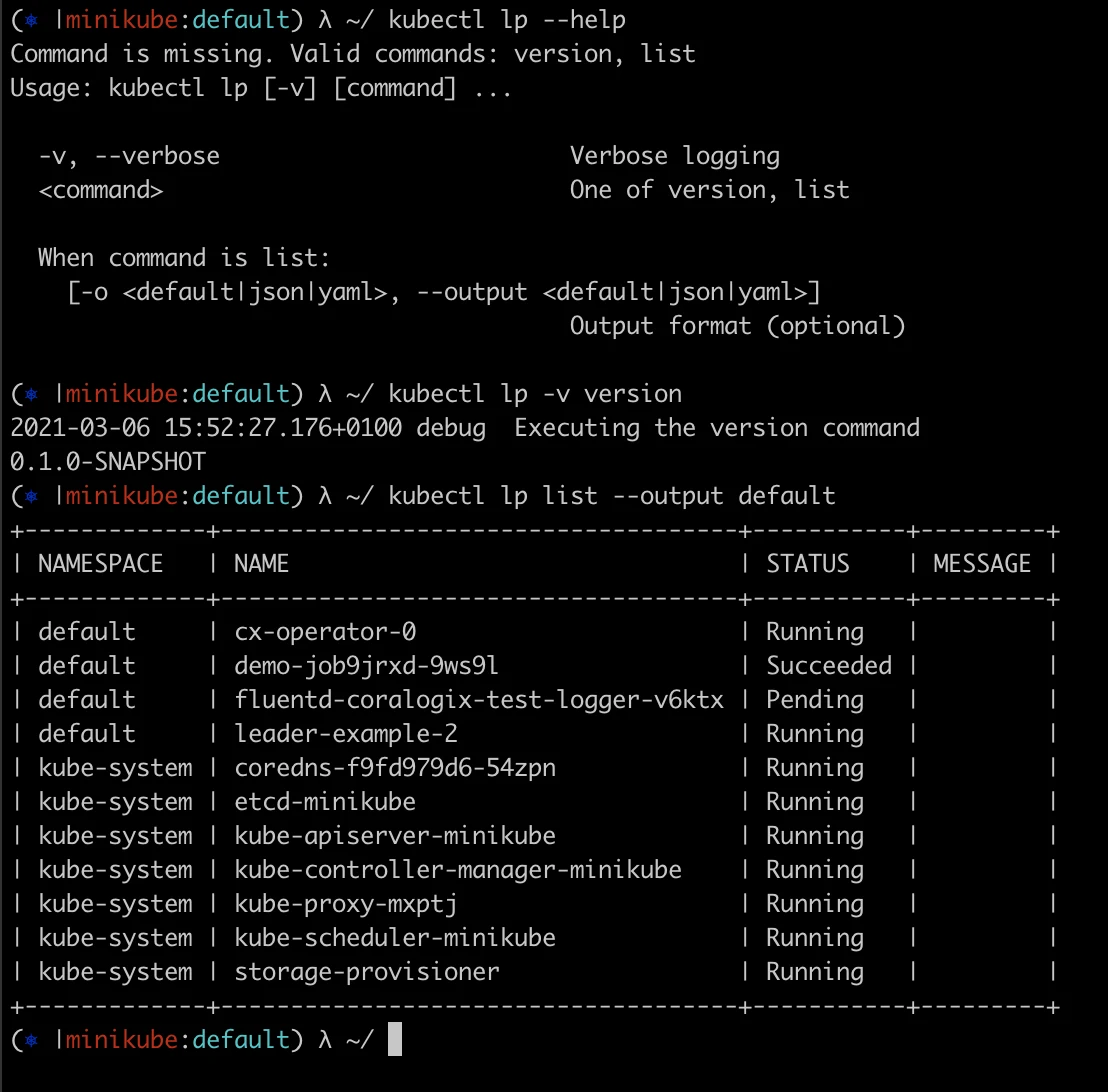 The kubectl lp plugin printing usage, version and a table of Kubernetes resources