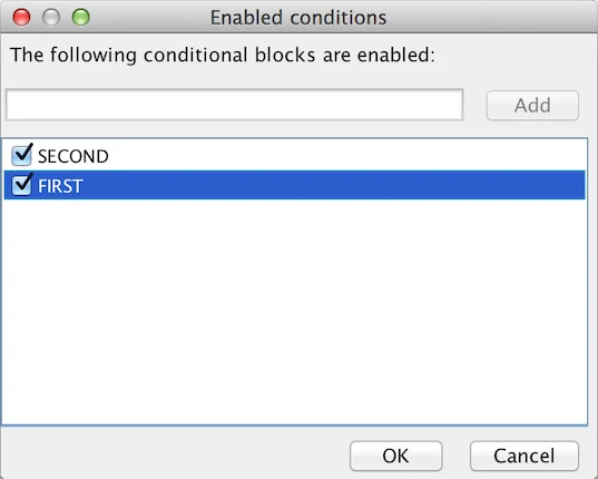 The D editor's Enabled conditions dialog with the FIRST and SECOND conditions checked