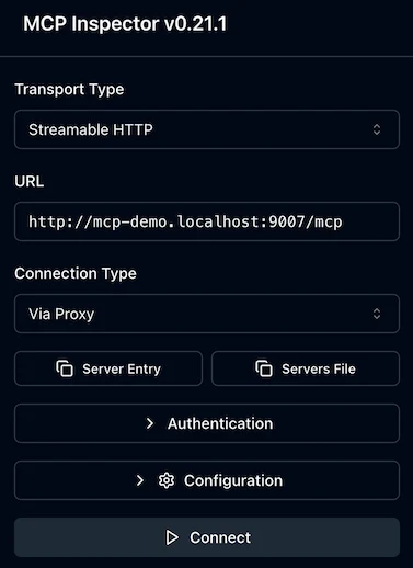 MCP Inspector configured to connect to the Golem MCP server over Streamable HTTP