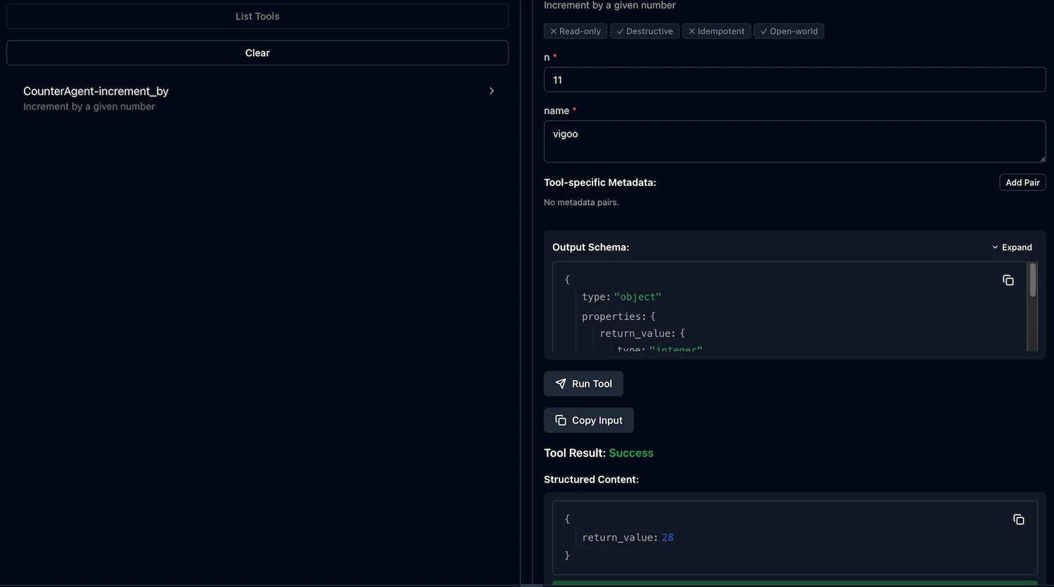 MCP Inspector listing the CounterAgent increment_by tool after a successful run
