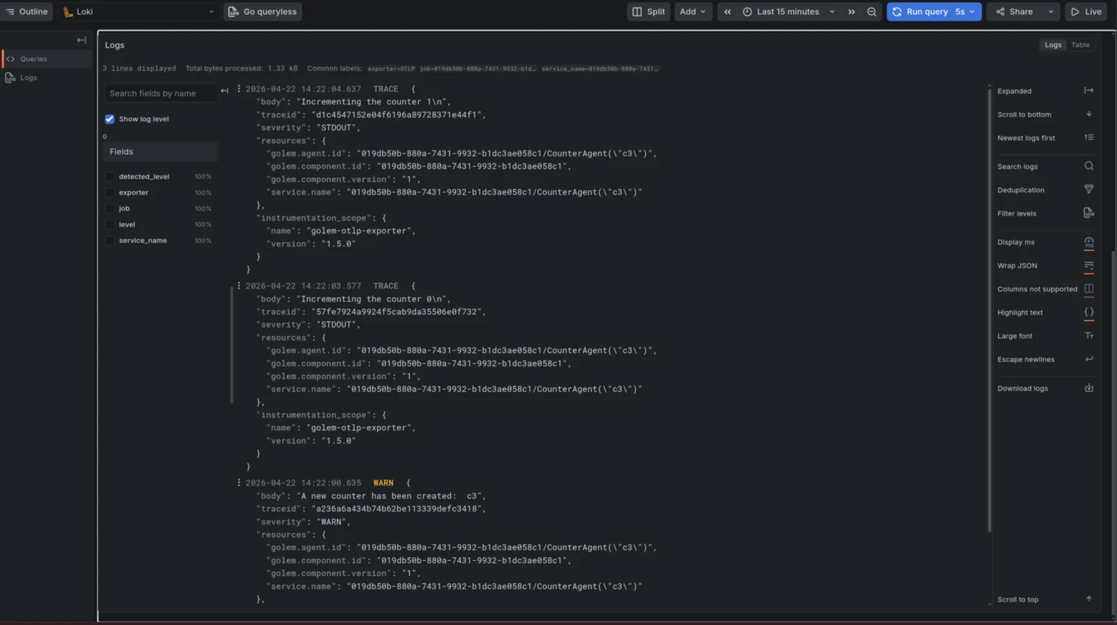 Grafana Loki showing OTLP-exported Golem agent logs with the agent ID as service name