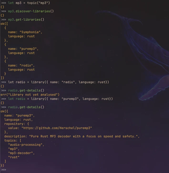 REPL session discovering Rust libraries in the mp3 topic and querying the puremp3 decoder details