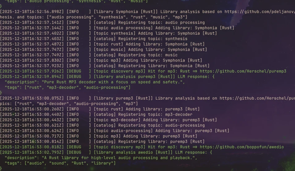 Agent logs registering discovered Rust libraries and topics in the catalog