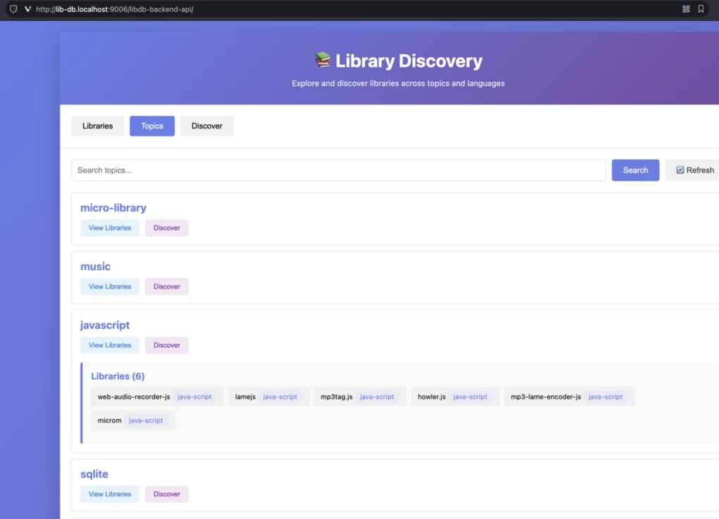 Library Discovery web UI listing the discovered JavaScript libraries under the javascript topic