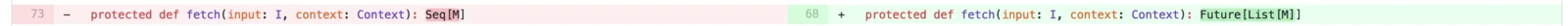 Diff changing the fetch method's return type from Seq[M] to Future[List[M]]