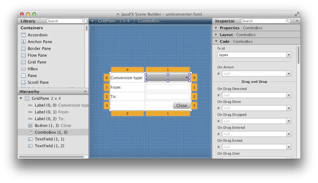 JavaFX Scene Builder editing the unit converter's GridPane layout